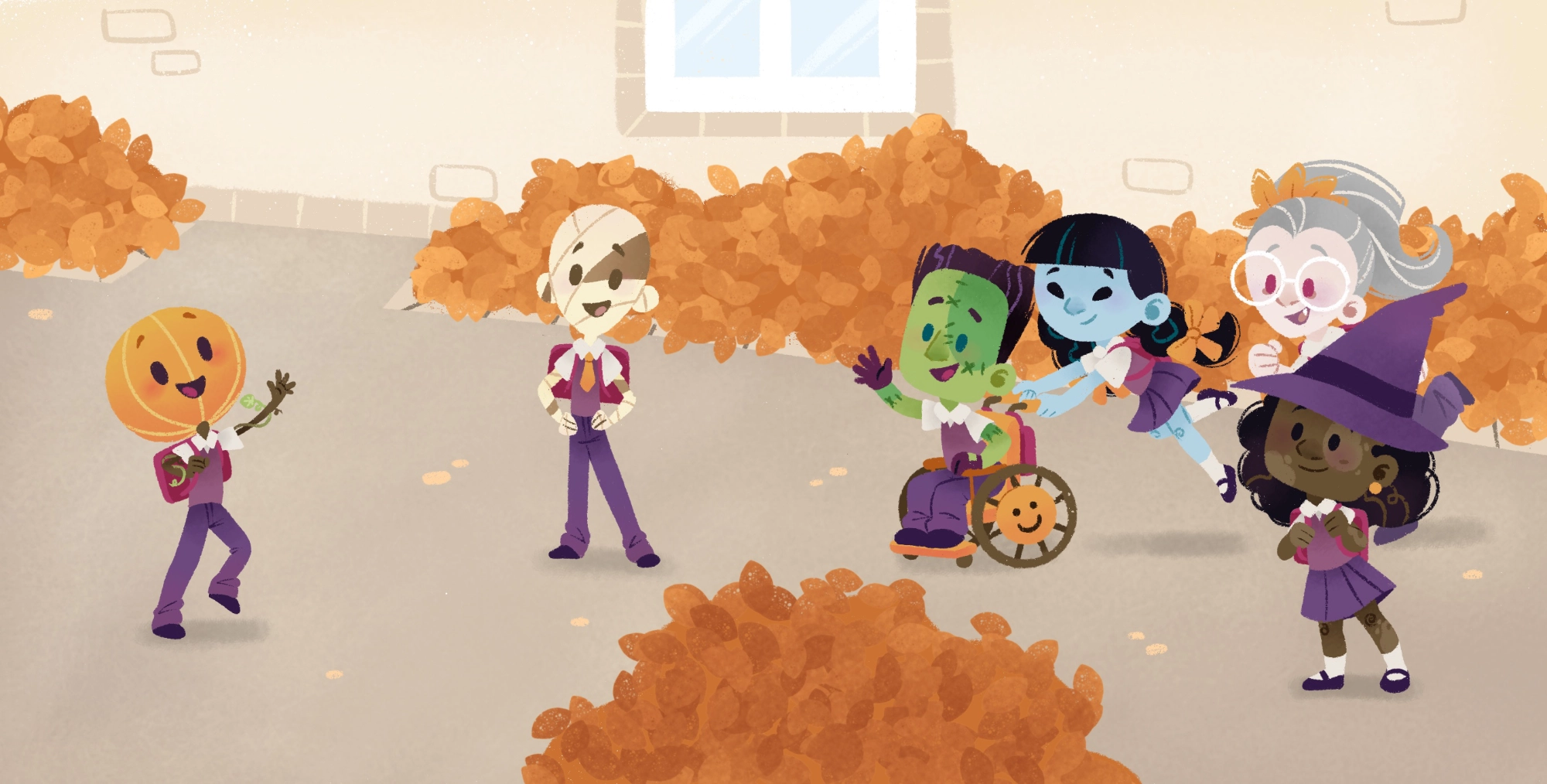 illustration d'un petit garçon citrouille accueilli par son groupe d'amis