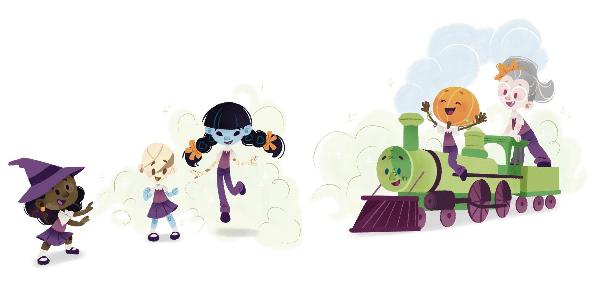 illustration mignonne d'une petite sorcière transformant ses amis pour les divertir