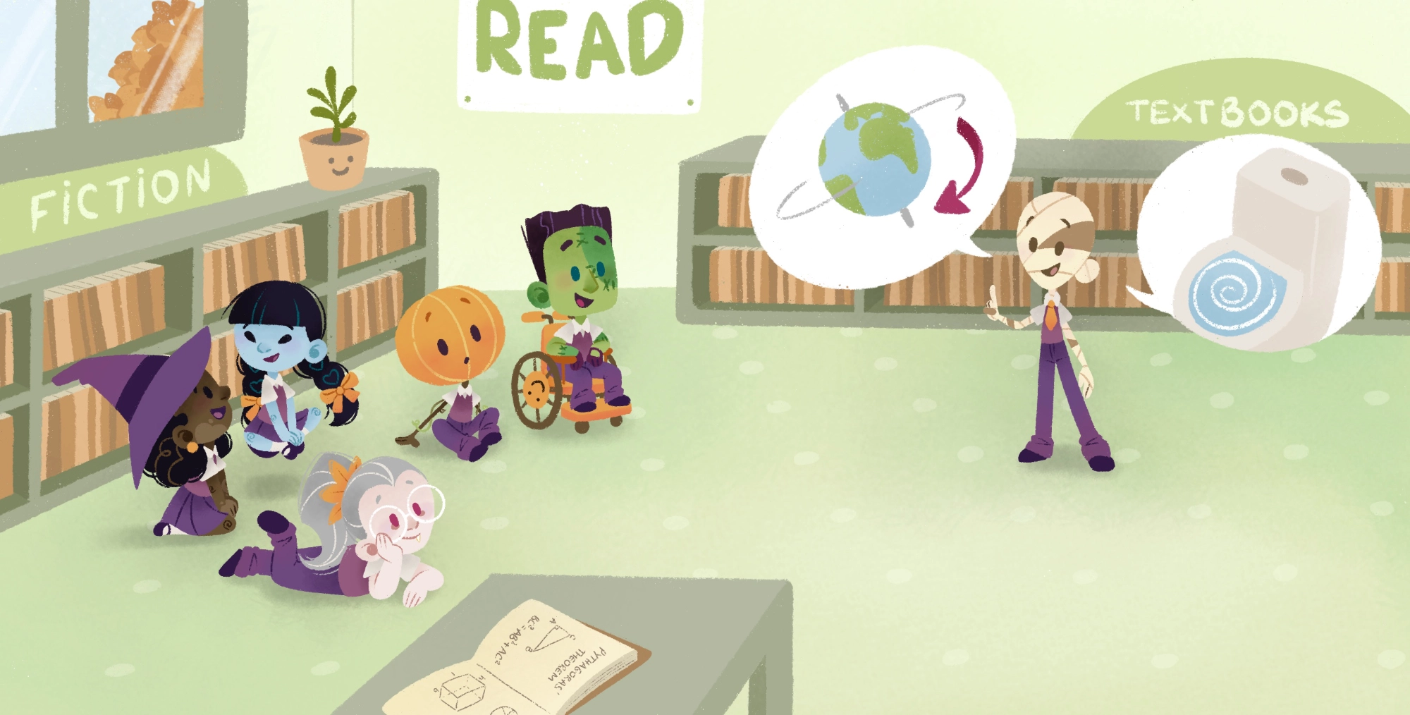 illustration d'un groupe d'amis, dont un zombie en fauteuil, écoutant leur ami momie leur expliquer pourquoi l'eau tourbillonne