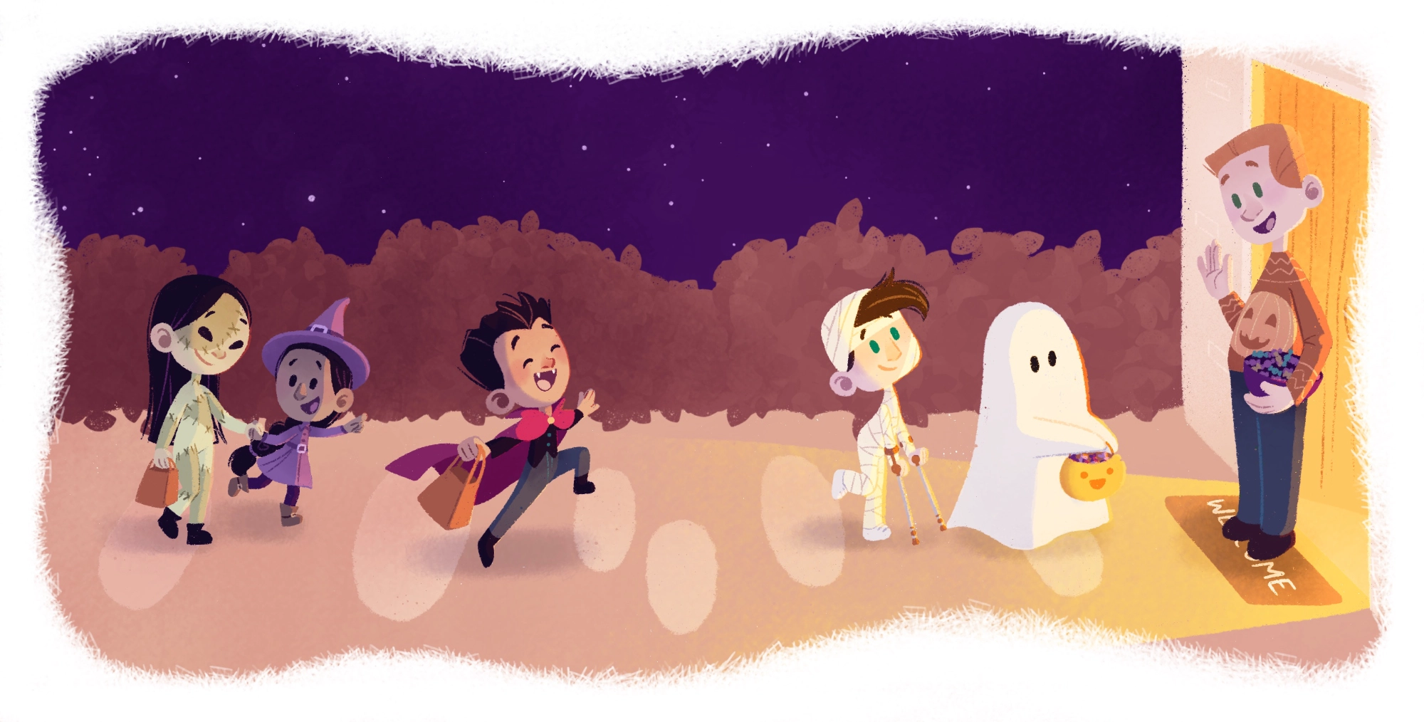 illustration d'enfants déguisés pour Halloween se rendant devant une maison pour avoir des bonbons