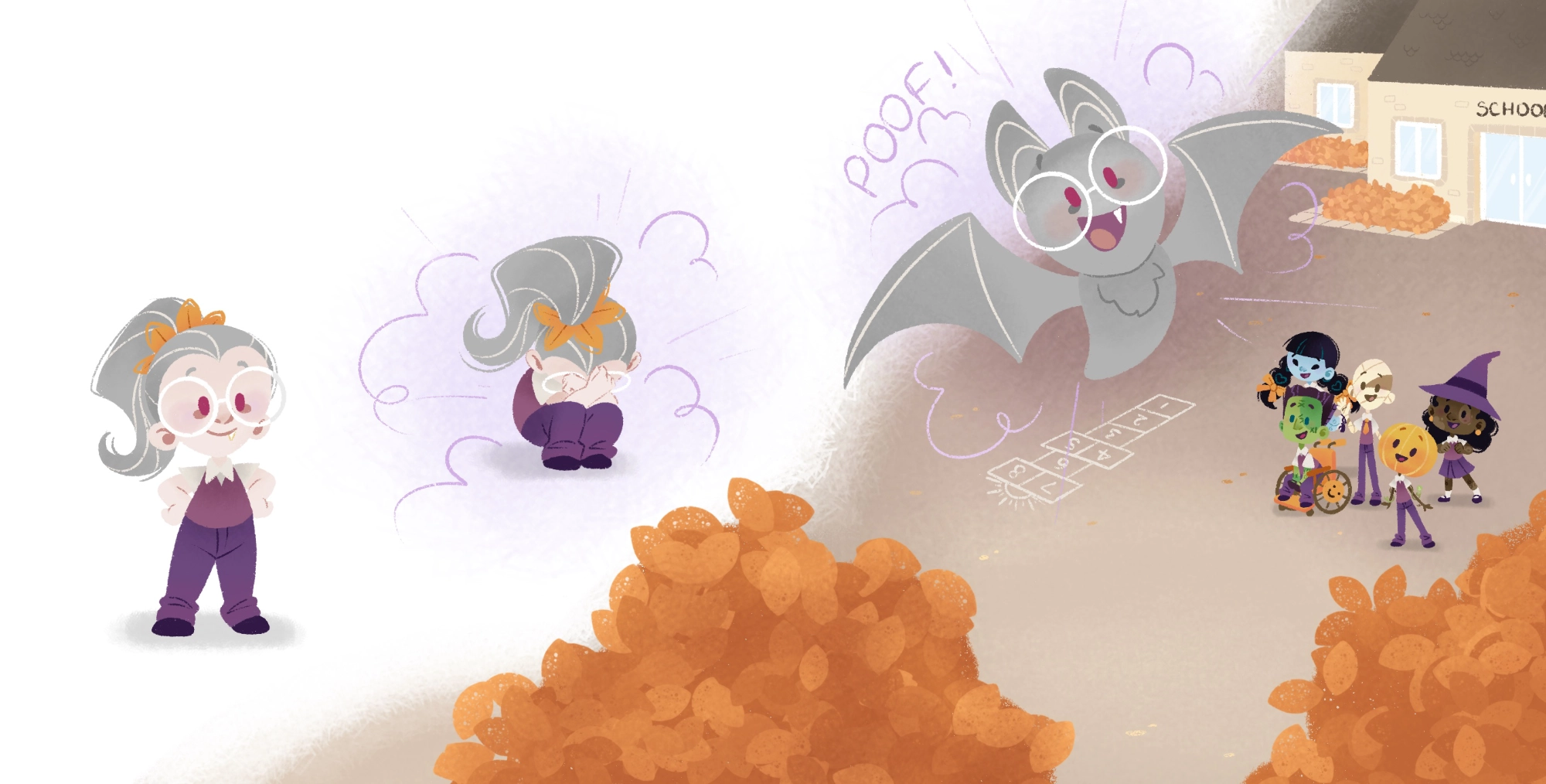 illustration mignonne d'une petite fille vampire à lunettes se transformant en chauve-souris devant ses amis ébahis