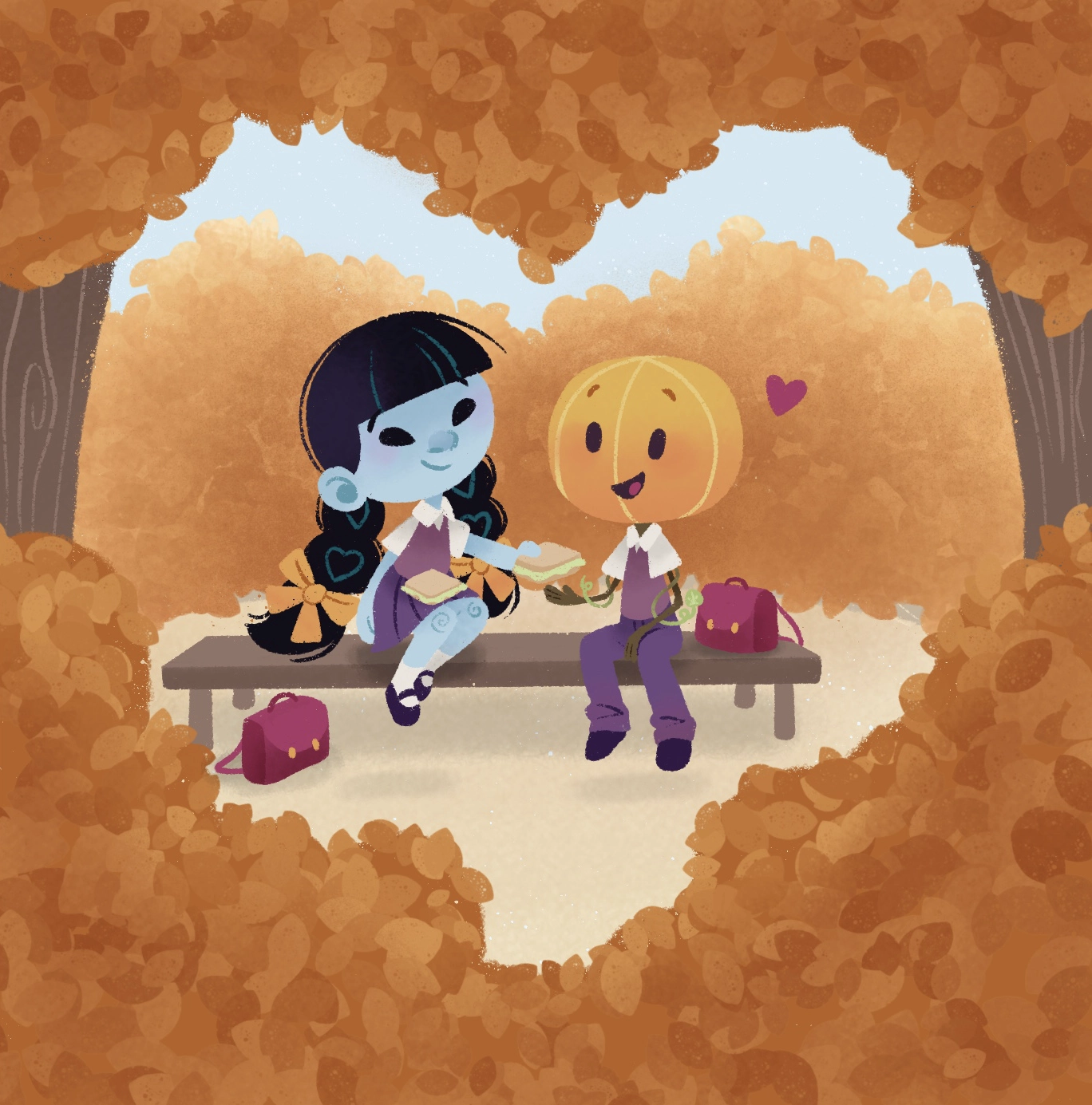 illustration adorable d'une petite fantôme bleue offrant un sandwich à un petit garçon citrouille sous des arbres en cœur