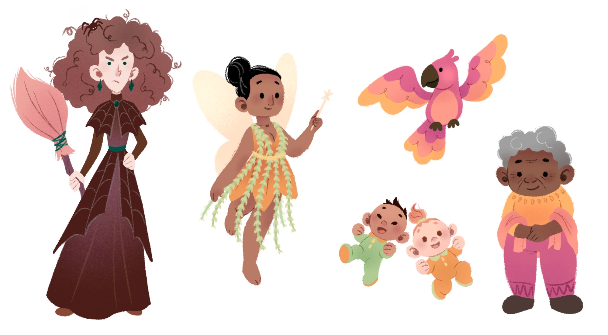 illustration de personnages : une sorcière bougon, une fée latina, deux bébés, un perroquet et une vieille dame noire