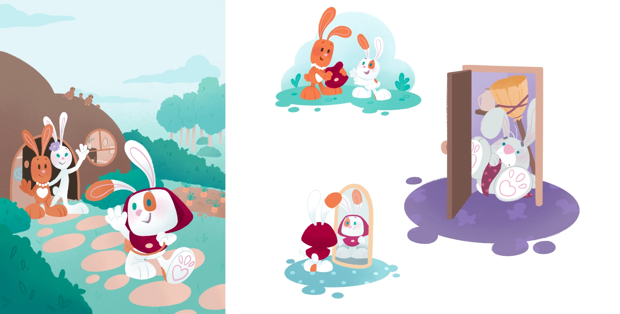 illustrations jeunesse de scénettes du Petit Chaperon Rouge en lapin