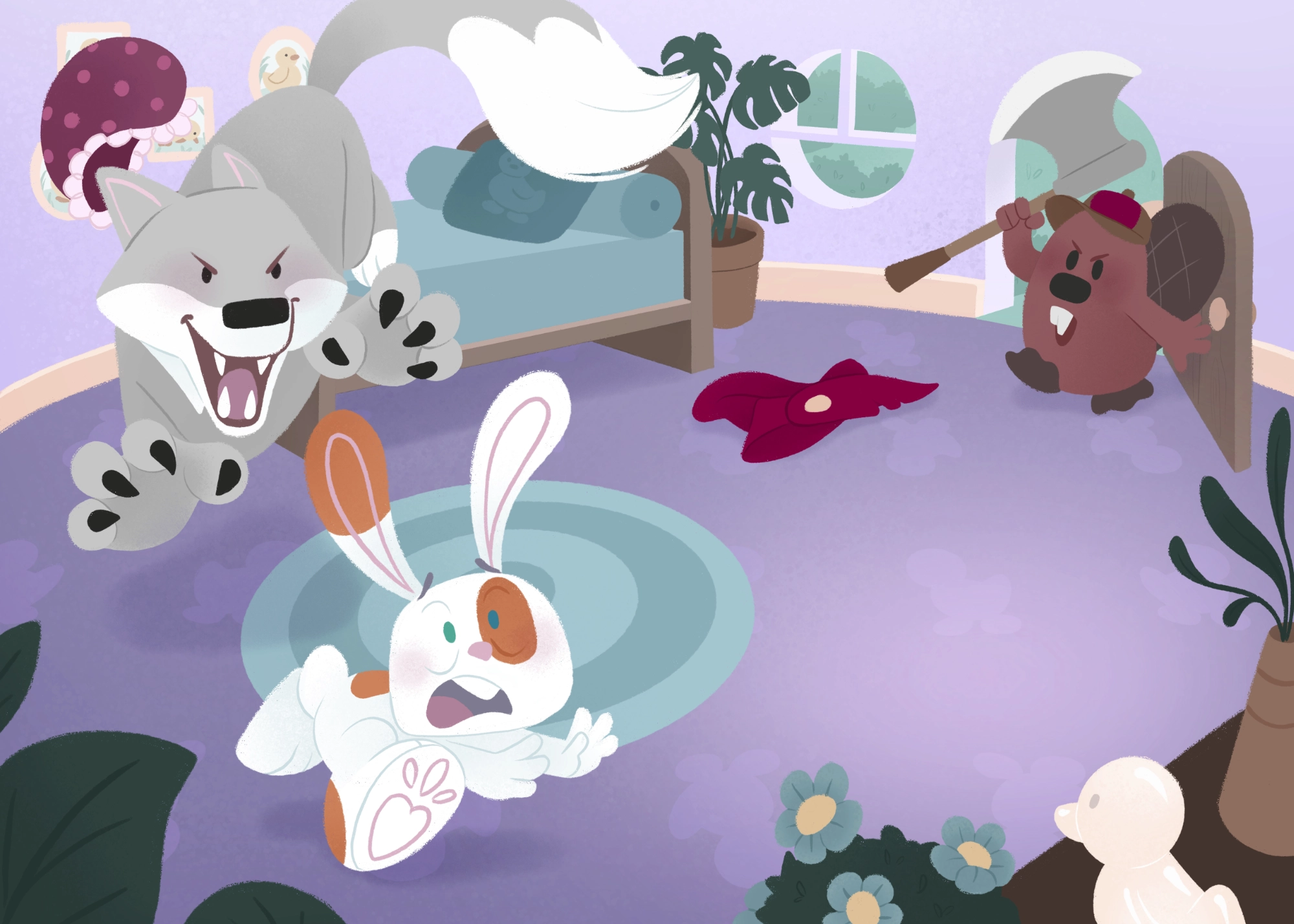 illustration du Petit Chaperon Rouge en lapin coursée par le loup alors que le bûcheron castor arrive pour la sauver