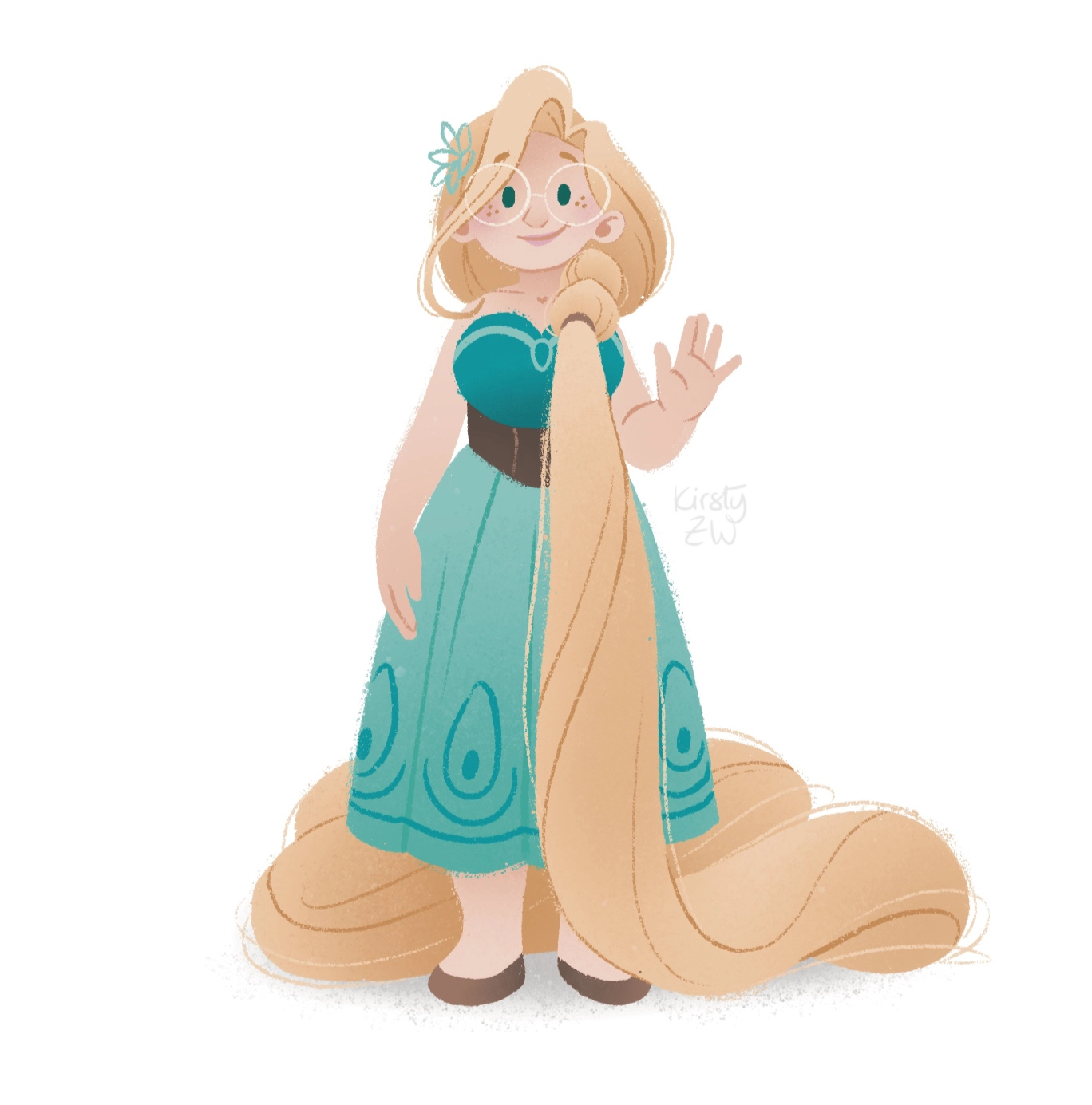 illustration d'une Raiponce rondelette à lunettes un peu timide