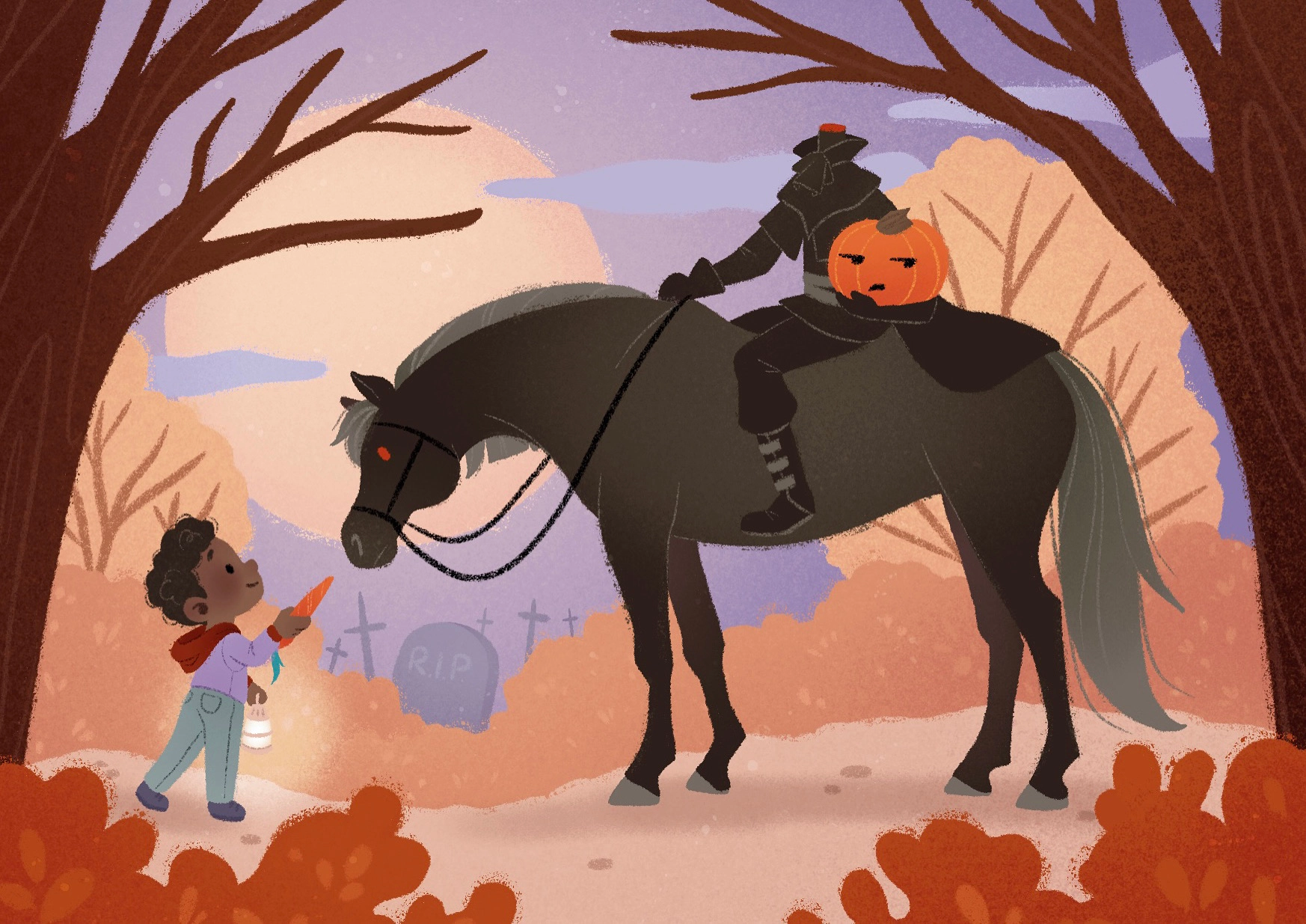 illustration mignonne d'un petit garçon donnant une carotte au cheval du cavalier sans tête, avec le cavalier blasé