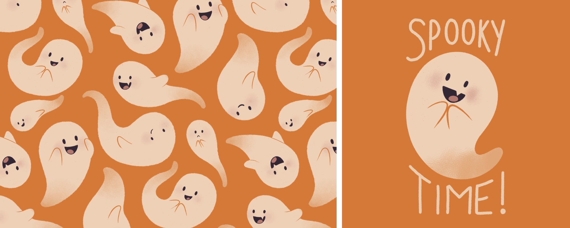 illustration de motif de fantômes mignons sur fond orange, associée au message 'l'heure de la frousse'