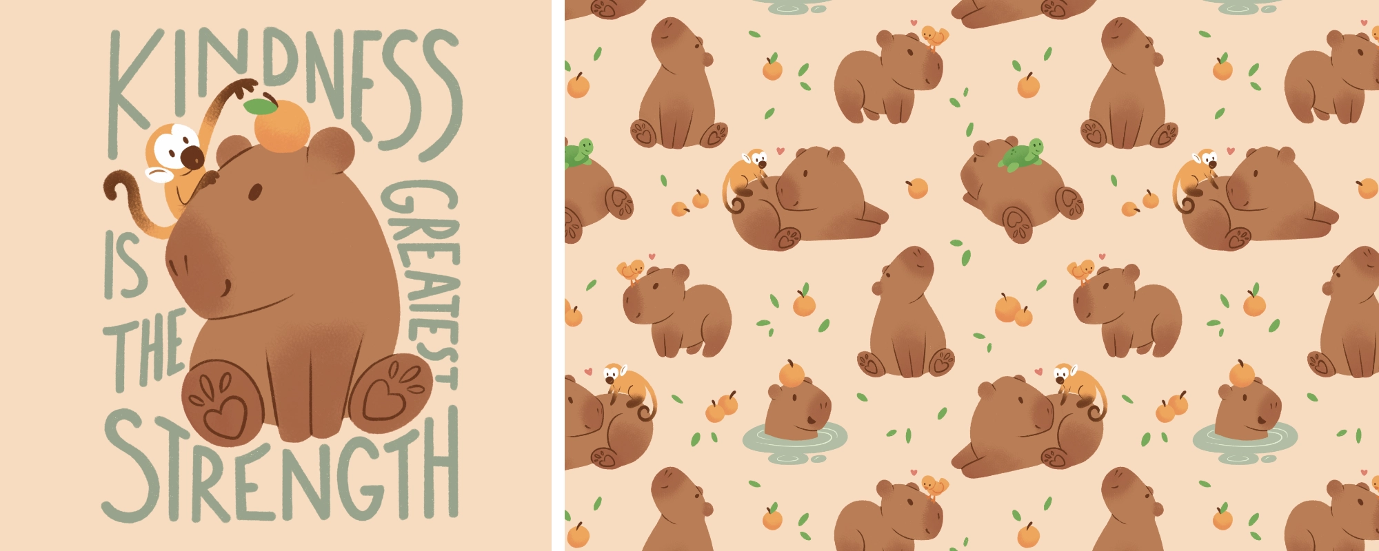 illustration de motif de capybaras sur fond jaune pâle, associée à la phrase 'la gentillesse est la plus grande des forces'