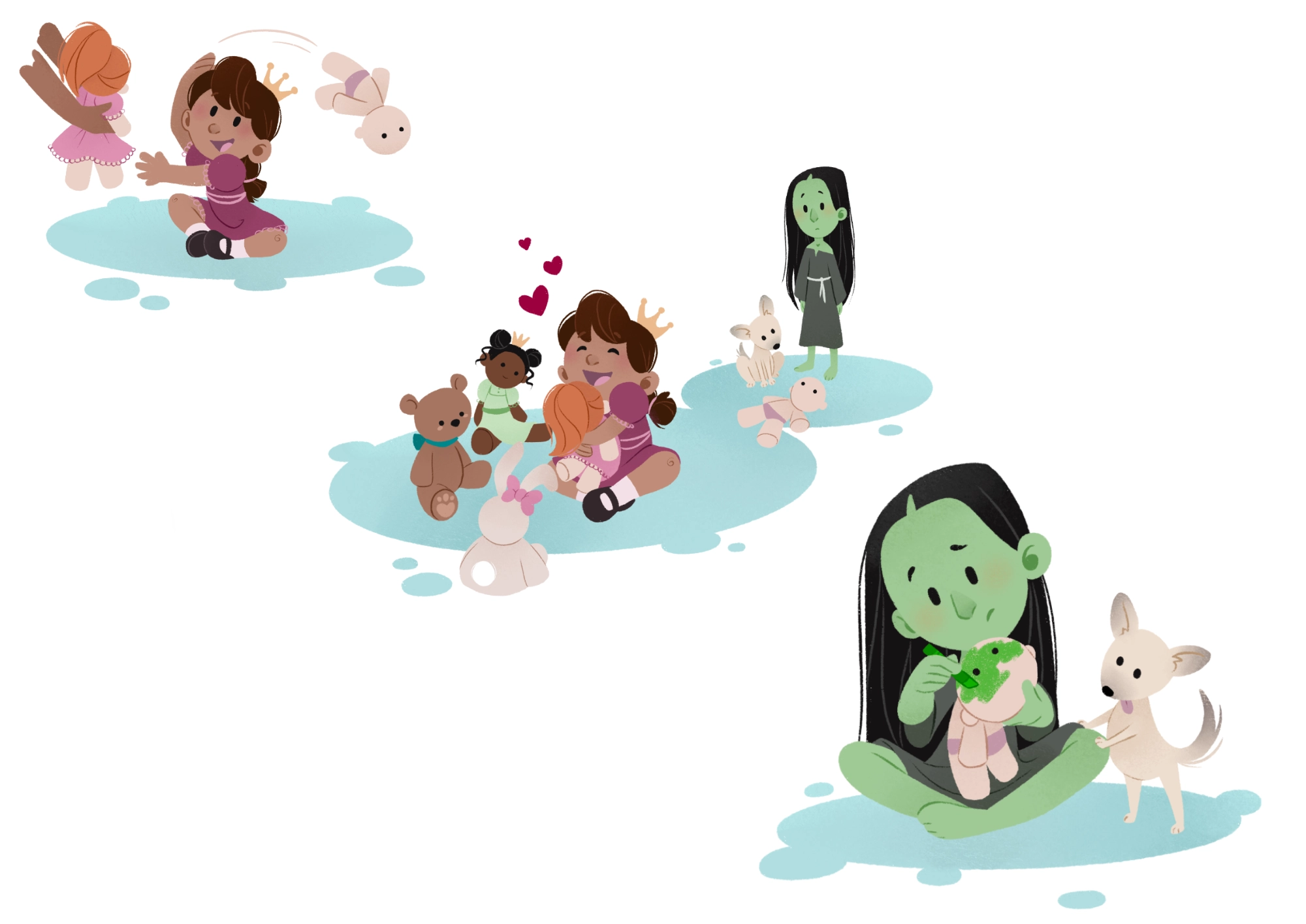 illustration d'Elphaba qui prend une poupée délaissée par Nessa, puis la colore en vert pour qu'elle lui ressemble