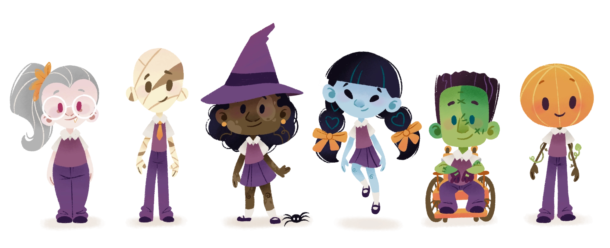 illustration d'enfants montrant de la diversité dont une vampire rondelette, une sorcière noire avec du vitiligo, et un zombie en fauteuil roulant