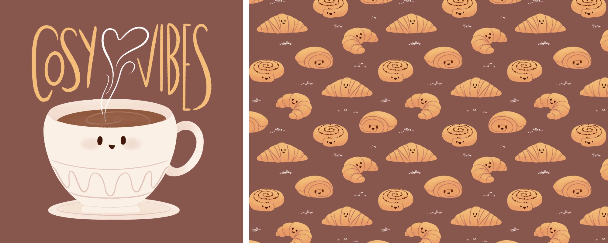 illustration de motif de patisseries sur fond marron, associée à une tasse de chocolat chaud pour une ambiance chaleureuse