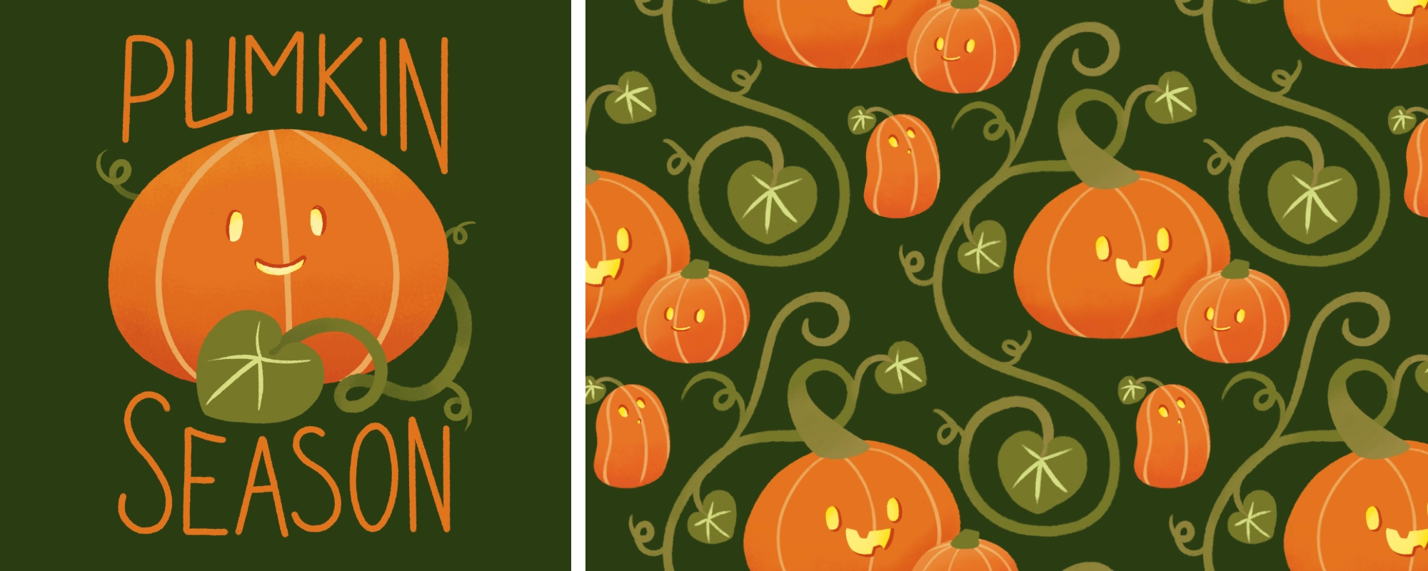 illustration de motif de citrouilles mignonnes sur fond vert foncé, associée au message 'saison des citrouilles'