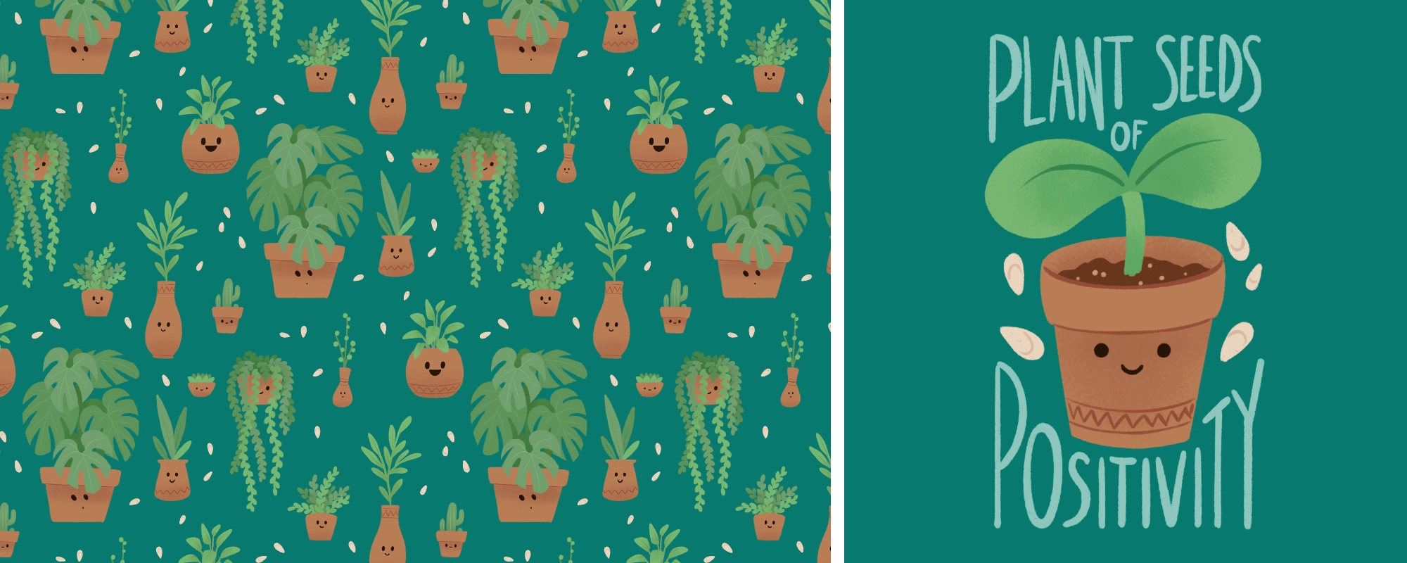 illustration de motif de plantes en pot sur fond vert, associée à la phrase 'plante des graines de positivité'