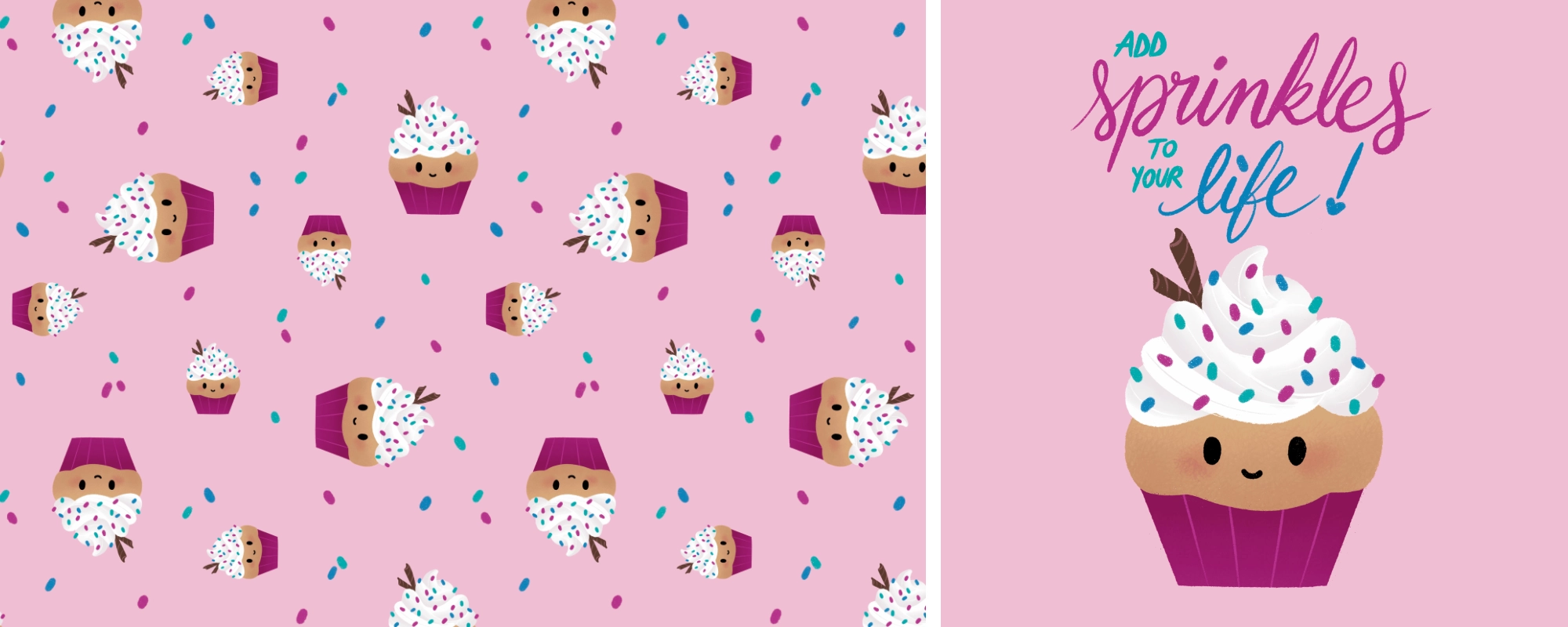 illustration de motif de cupcakes décorés de vermicelles en sucre, associée à la phrase 'ajoute des paillettes dans ta vie'